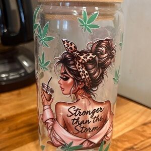 Glass Custom Cup with Stylish Woman and Leaf Design